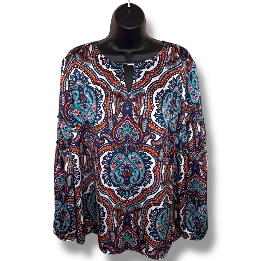 Large Talbots Colorful Satin Blouse Long Sleeve Paisley Geometric Blue Red